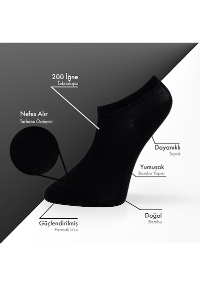 Lion Monroe Saf Bambu Erkek Sneaker Siyah - Beyaz Çorap Dikişsiz Görünmez Bilekte Spor Çorap Premium 6'lı L5952aznb Softaura