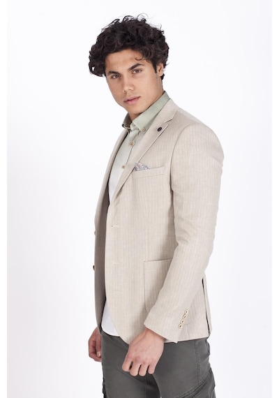 Ncs Jeans Erkek Blazer Slim Fit Dar Kesim Çizgili Keten Karışımlı Ceket 4869-Bej