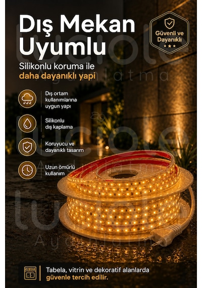 3 Metre 220v Amber Şerit Led Hazır Fişli Tak Çalıştır Silikonlu Yapışkanlı Dış Mekan