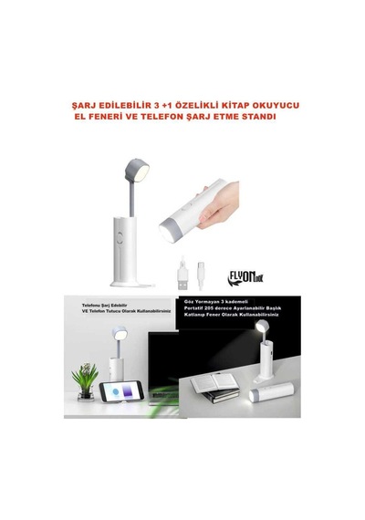 3+1 Şarjlı Kitap Okuma Lambası , Fener 3 Kademeli ,acil Durum Powerbank Ve Telefon Tutucu Lamba Beyaz
