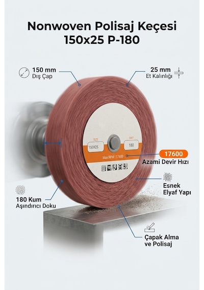 150x25 Mm P180 Polisaj Keçesi Çapak Alma Ve Metal Yüzey Parlatma Diski 1 Adet