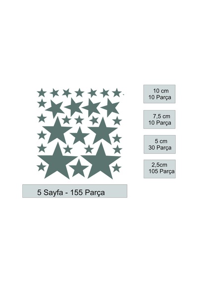 Yıldız Duvar Sticker - 2,5 - 5 - 7,5 - 10cm Karışık Ebatlarda - 155 Adet Gri