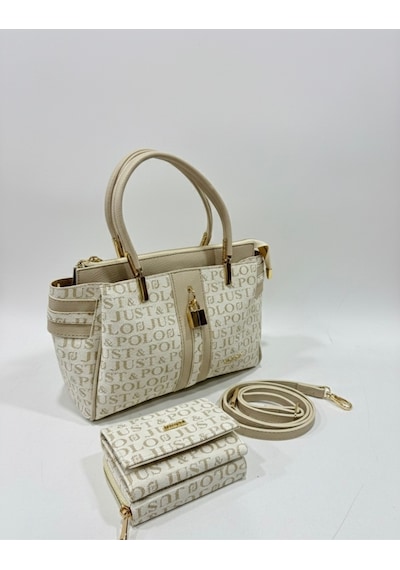 Just Polo Kadın Lüks El & Omuz Çantası Gold Detaylı Özel Tasarım Çanta Ve Uyumlu Cüzdan 22x28 Cm Krem