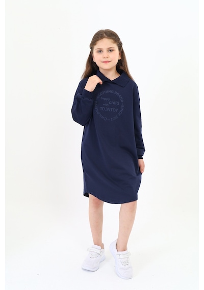 Kız Çocuk Baskılı Oversize Polo Yaka Uzun Kollu Elbise Lacivert