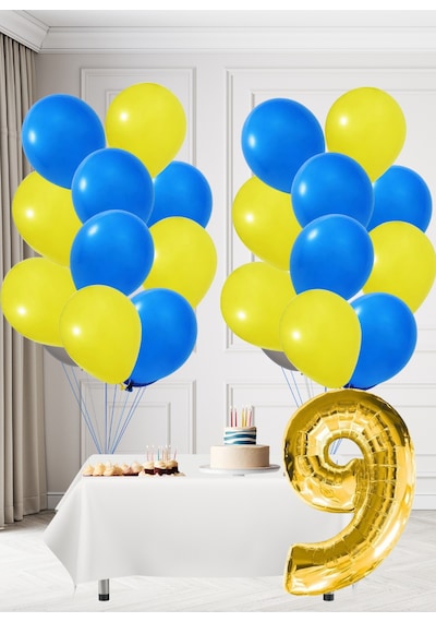 9 Yaş Sarı Lacivert Taraftar Temalı Doğum Günü Seti Sarı Lacivert Balonlar Altın Folyo Rakam Sarı