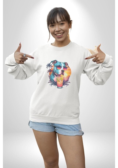 Tatil Köpek Soğuk Kokteyl İçeçek Unisex Beyaz Baskılı Sweatshirt Beyaz