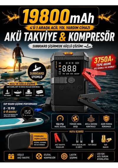 19800 Mah Akü Takviye Ve Dijital Hava Kompresörü 4'ü 1 Arada Araç Acil Yardım Cihazı