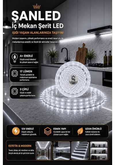 3 Çipli Şerit Led Beyaz Işık Rengi 12v 5 Metre