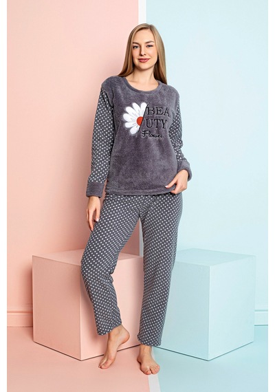 Nisanca Kadın Basic Kışlık Pijama Takımı Uzun Kollu Yumuşak Dokulu Bisiklet Yaka Rahat Kesim Jogger Paça 2'li Ev Giyim Takımı Füme