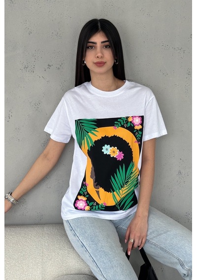 Femelle Kadın Beyaz Baskılı Pamuk Tişört - B029