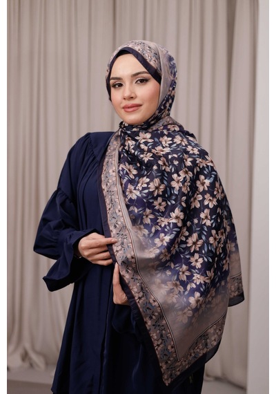 Mimiyum Flora Desen Soft Şal Lacivert Toprak Çok Renkli