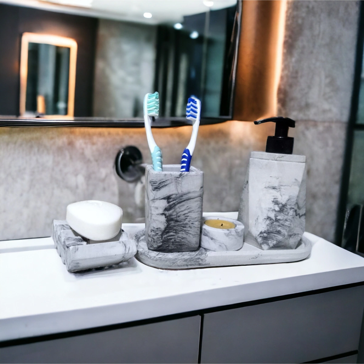 5'li Mermer Desenli Banyo Seti, Sıvı Sabunluk Diş Fırçalığı Beton Antrasit Set. Gri