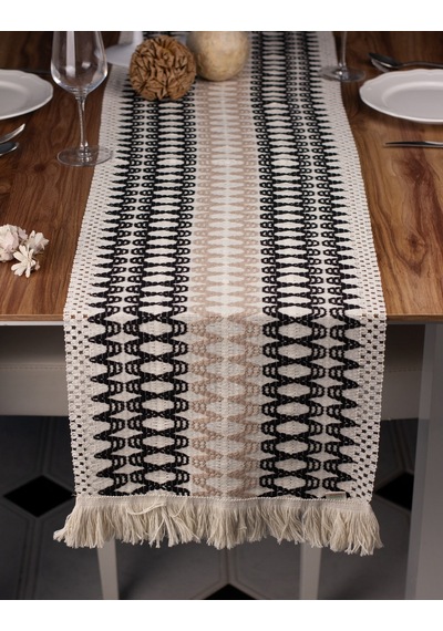 Pamuk Örme Püsküllü Siyah-kahve Dantel Runner 35x145 Cm