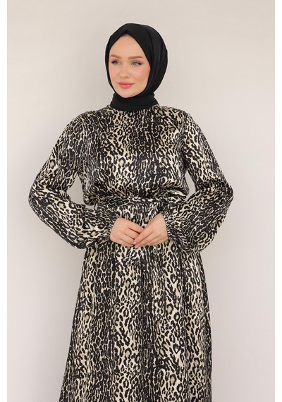 Armine Trend Leopar Desenli Beli Kemerli Elbise Siyah 24kt904 Siyah
