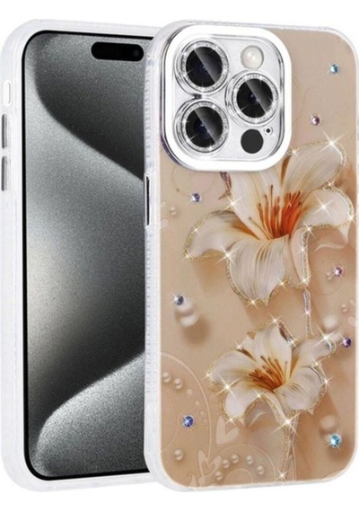 Apple Uyumlu iPhone 15 Pro Max Kılıf Çiçek Desenli Parlak Taşlı Sert Silikon Zore Garden Kapak Pembe Açık