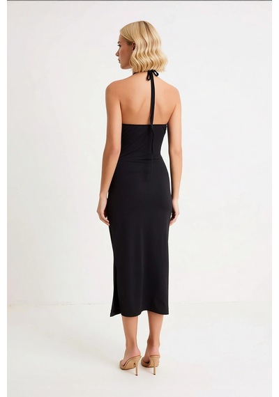 Benerly Kadın Halter Yaka Bodycon Midi Elbise İnce Askılı Astarsız Sandy Siyah