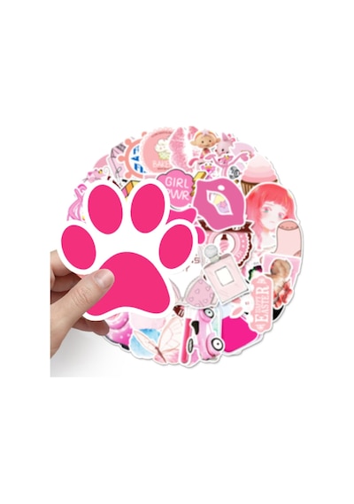 50 Adet Tekrarsız Pembe Karışık Kalite Pvc Sticker 08