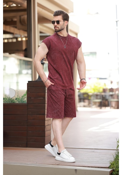 Madmext Bordo Basic Erkek Yırtık Detaylı Şort T-shirt Takım E7319