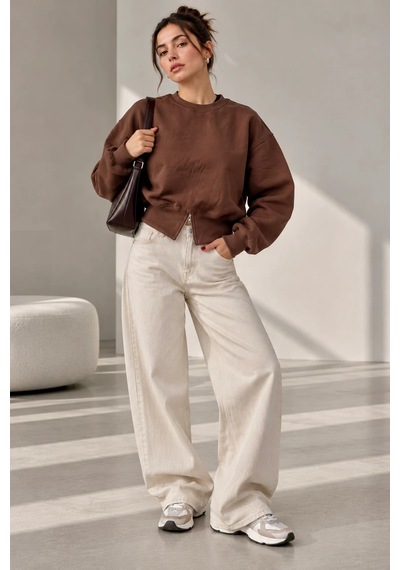 Bbbutikbasic Fermuar Detaylı Şardonlu 3 İplik Kadın Sweatshirt My3535 Kahverengi