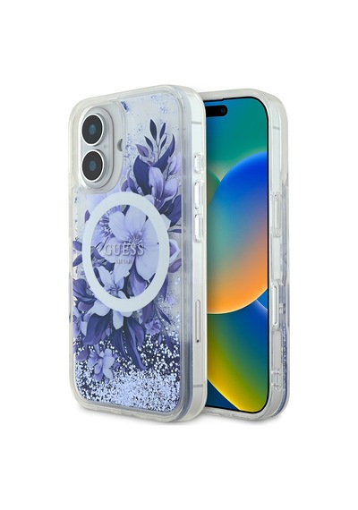 Apple Uyumlu iPhone 16 Plus Kılıf Guess Lisanslı Magsafe Şarj Özellikli Sıvılı Simli Çiçek Desenli Mor