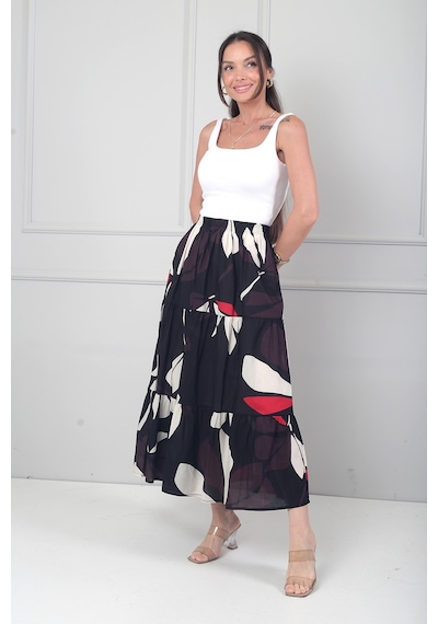 By Saygı Kadın Beli Lastikli Astarlı Çiçek Desenli Fırfırlı Midi Cotton Etek Siyah