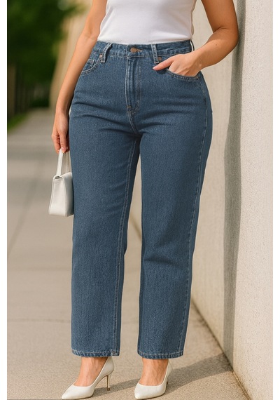 Cedy Denim Cedy Denım - Kadın Büyük Benden Boru Paça Yüksek Bel Regular Fit Likralı Pantolon C626 Mavi