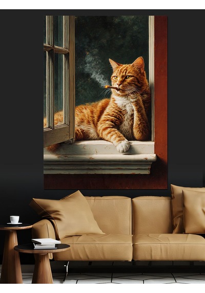 Ahşap Tablo Pencere Önünde Kedi Manzara