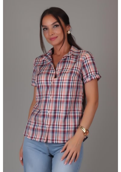 Sweetness Kadın Pembe Kareli Kısa Kollu Pamuklu Gömlek Dk-1170 Pembe