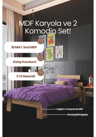Lotus Tek Kişilik Mdf Karyola Ve 2 Komodinli Set