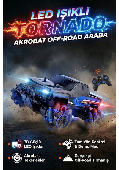 Tornado Rc Kontrollü Akrobasi Performans Aracı - Dört Çekerli Engebeli Yol Jip, 2.4 Ghz Şarj Edilebilir Aydınlatmalı Hız Modeli Çok Renkli