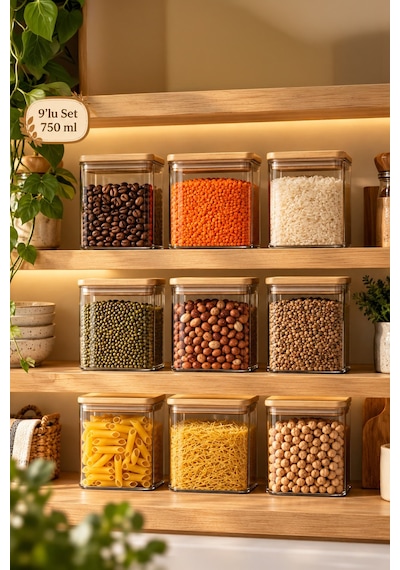 Porsima 5-3 Bambu Vakumlu Kapaklı Kare Borsilikat Cam 9lu Kavanoz Seti Saklama Kabı 750ml 7,5x15cm Ahşap - Şeffaf