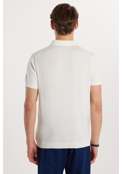 Tudors Erkek Slim Fit Dar Kesim Pamuklu Örme Triko Fermuarlı Beyaz Polo Yaka Tişört-33177 Beyaz