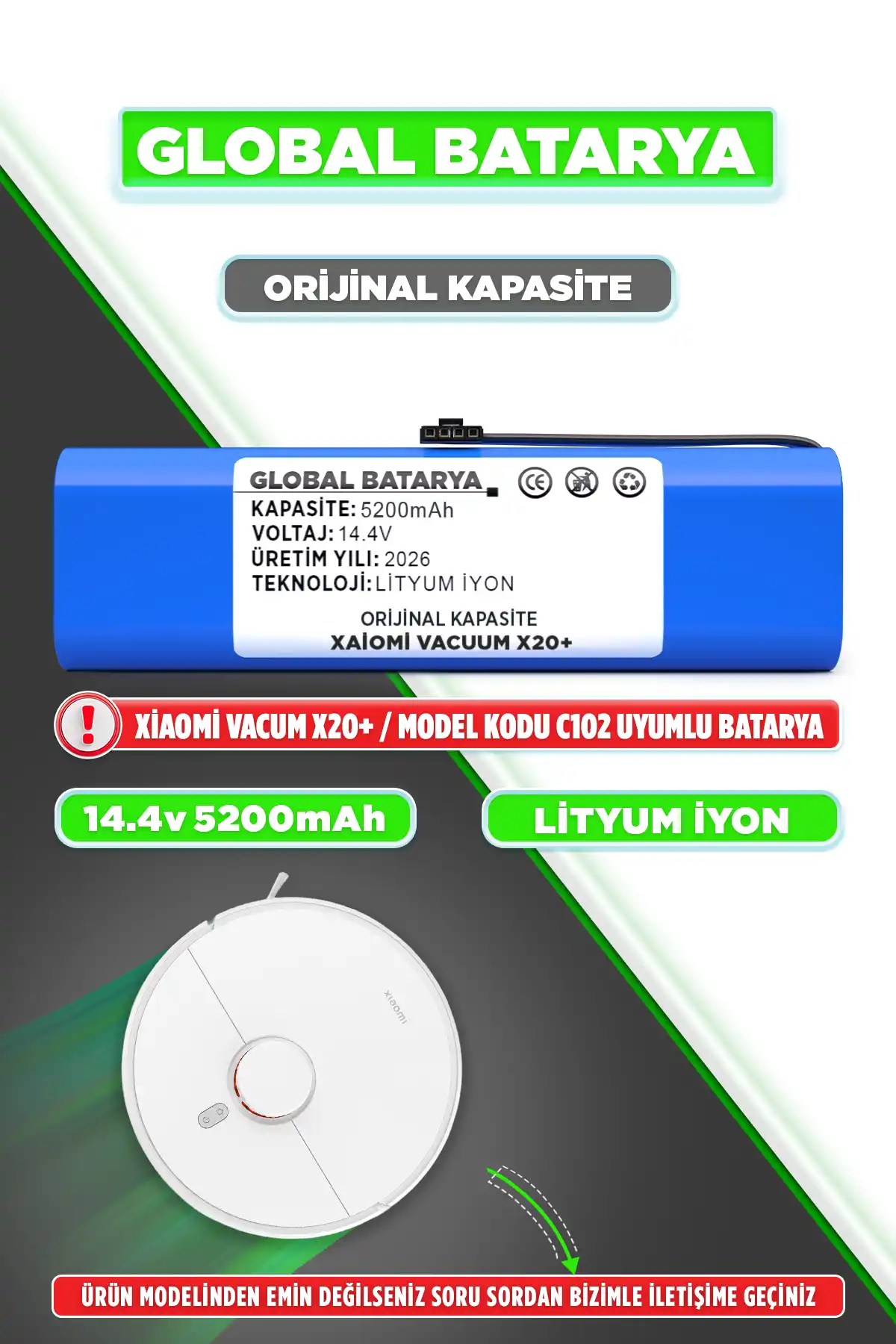 Xiaomi Vacuum X20+ Uyumlu Robot Süpürge Batarya 14.4v 5200mah Li-ıon Pil  Kapasite
