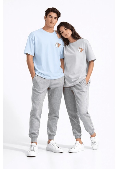 Sevgili Kombini Ayıcık Baskılı Çift Tişört Oversize Unisex Partne Mavi