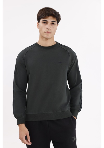 Rowinger Çift Şeritli Raglan Kol Minimal Logolu Bisiklet Yaka Sweatshirt Haki