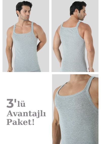 Arma Yıldız Erkek Gri İnce Askılı Atlet 3'lü Paket Pamuklu Ribana Esnek Kumaş Gri