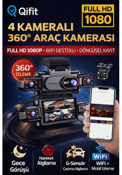 4 Kameralı 360 Döngüsel Kayıt Full Hd 1080p Araç İçi Kamera - Wifi Cam, Park Modlu, Gece Görüşlü Wdr Teknolojisi Ve Yol Kayıt Cihazı
