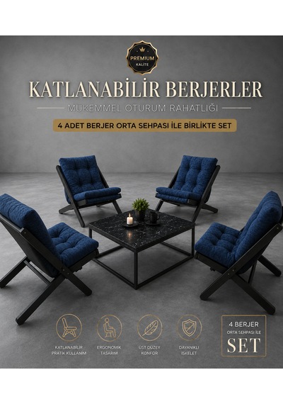 4lü Sehpalı Dinlenme Koltuğu Berjer Balkon Koltuğu Bahçe Kotuğu Tv Sandalyesi Koyu Mavi