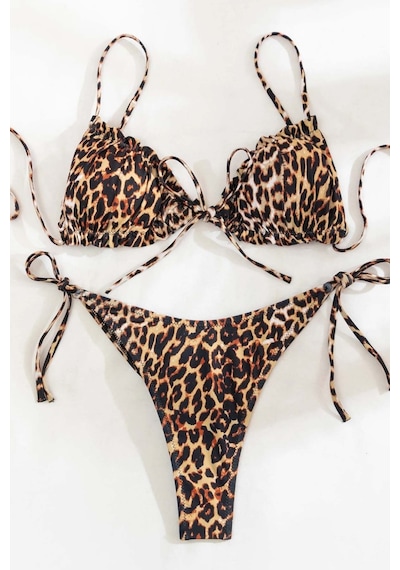 Angelsin Leopar Desenli İpli Tasarım Bağlamalı Bikini Üstü 001