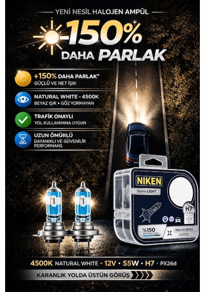 Niken H7 Ampul %150 Daha Parlak 12v 55w 4500k Natural White Halojen Far Ampulü 2 Adet