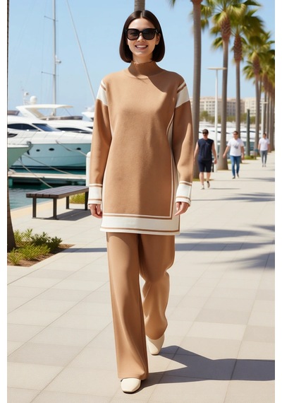 Benerly Kadın Büyük Beden Oversize Triko Tunik Pantolon Takımı Renk Blokl Camel