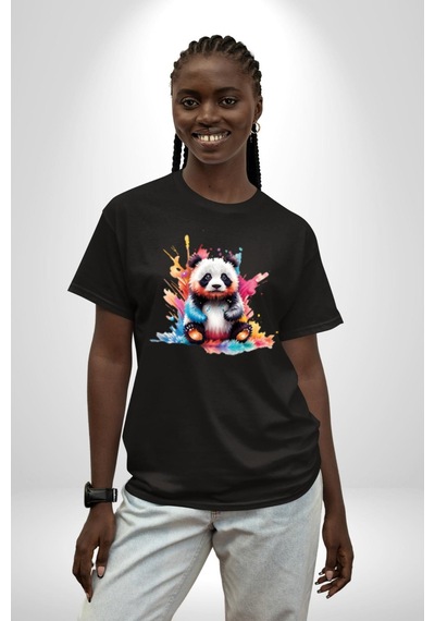 Renkli Yavru Panda Pamuklu Bisiklet Yaka Unisex Oversize Boyfriend Dijital Baskılı Siyah T-shirt Siyah