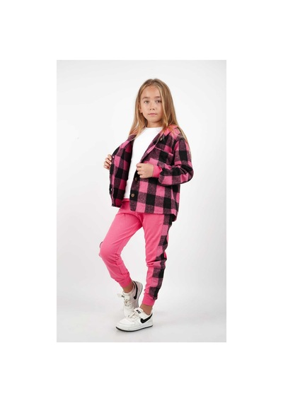 Esila Kids Ekose Desenli Kız Çocuk Pamuklu Örme Üçlü Takım Fuşya