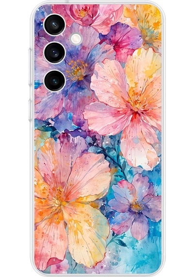 Samsung Galaxy S23 Fe Uyumlu Renkli Çiçekler Sulu Boya Baskılı Silikon Kılıf Renkli