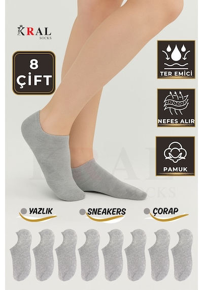 Kral Socks Kadın - Erkek 8 Li - 8 Çift Pamuklu Terletmez Yazlık Görünmez Çorap Seti Gri
