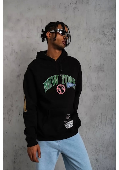 Erkek Baskılı Kapüşonlu Sweatshirt - Siyah Siyah
