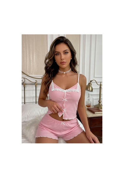 Bella Notte Pembe Dantel Detaylı Fiyonk Detaylı Askılı Şortlu Pijama