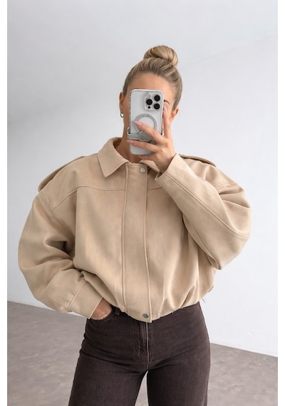 Prifaldi Zr Oversize Bej Süet Bomber Ceket
