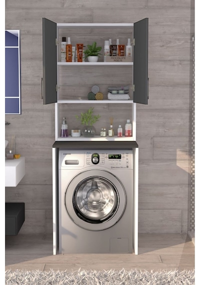 Üst Dolaplı Çok Amaçlı Çamaşır Makinesi Dolabı Antrasit Beyaz - Antrasit