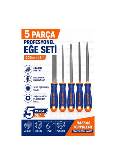 5 Parça Profesyonel Eğe Seti 200 Mm 8" Ergonomik Kaymaz Saplı Sertleştirilmiş Çelik Ahşap Metal Pl